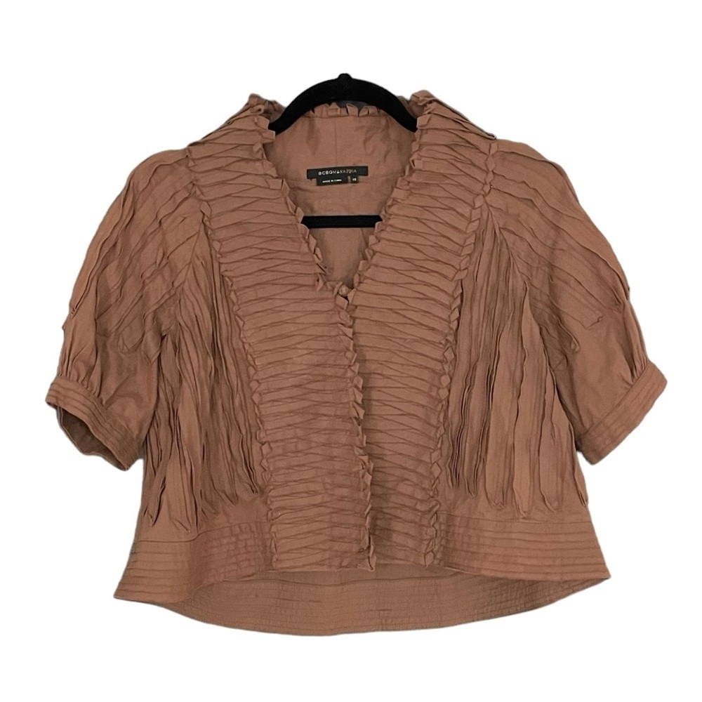 BCBGMAXAZRIA Pintuck Pleated Bolero Crop Shrug Jacket Brown Mauve Y2K XS